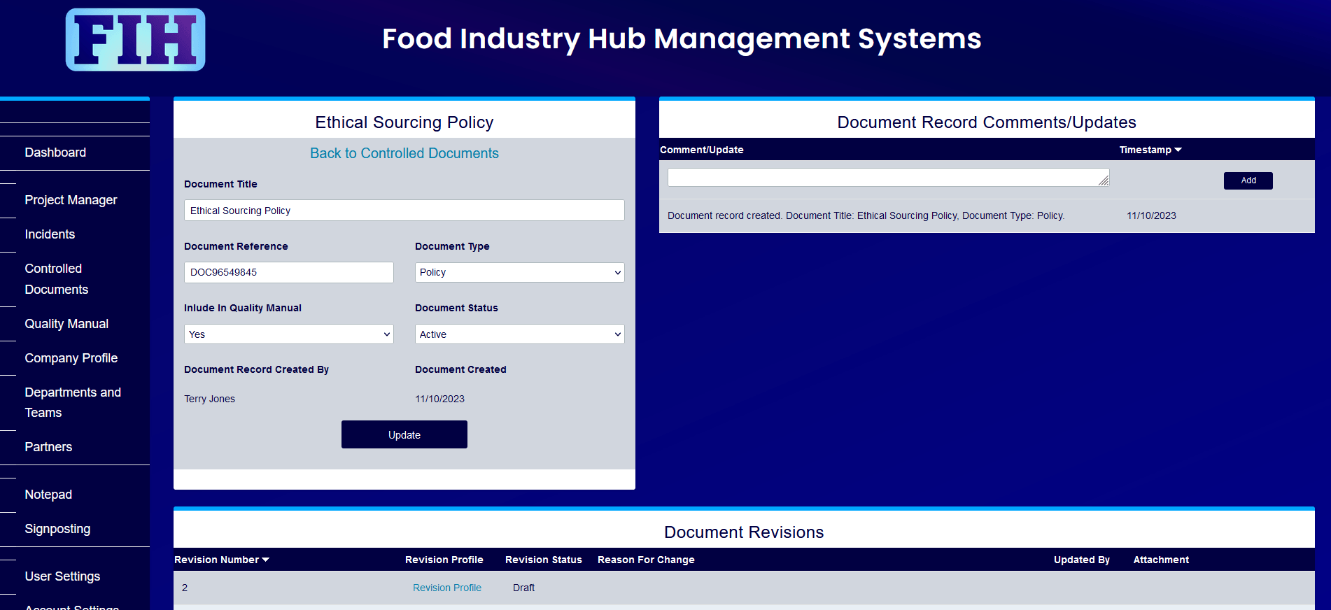 You can include or exclude a document from your quality manual via the document record