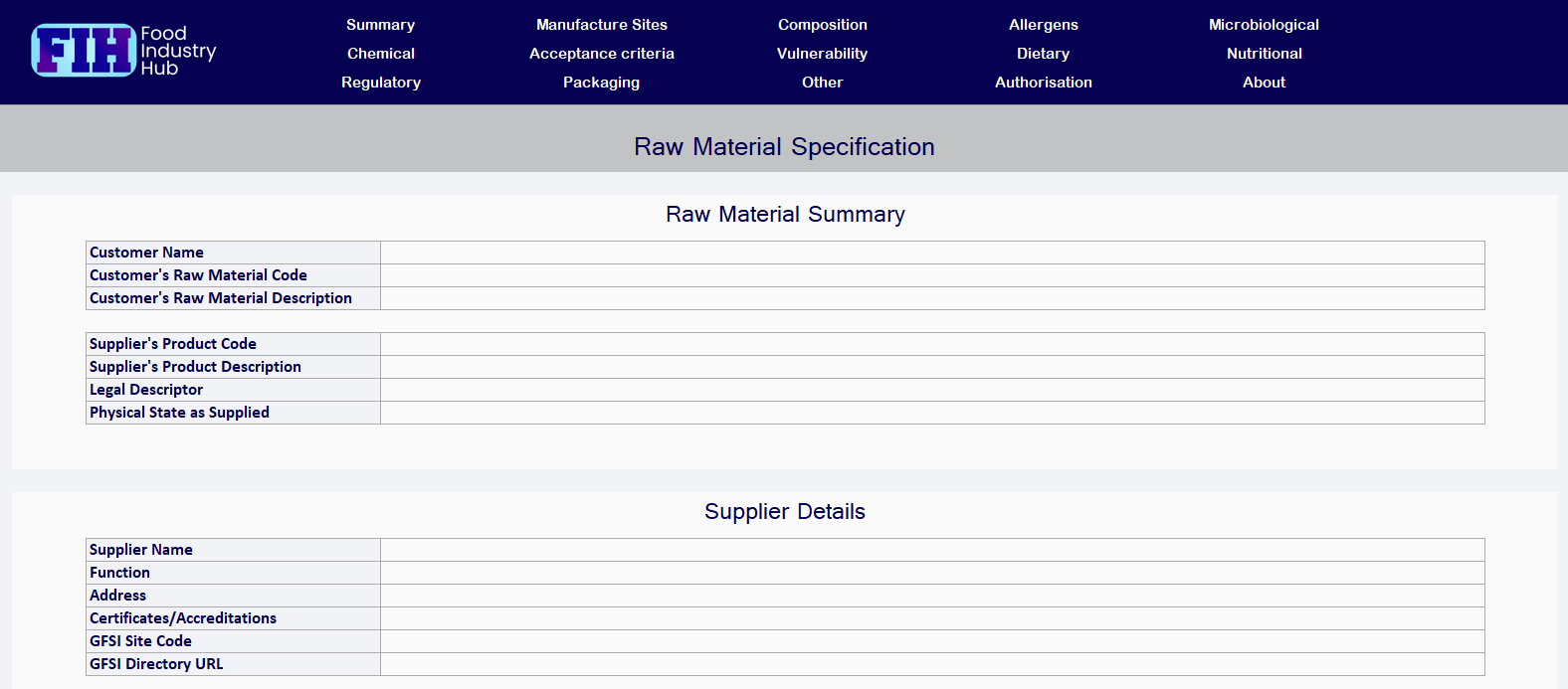 Free raw material specification template Free raw material specification template